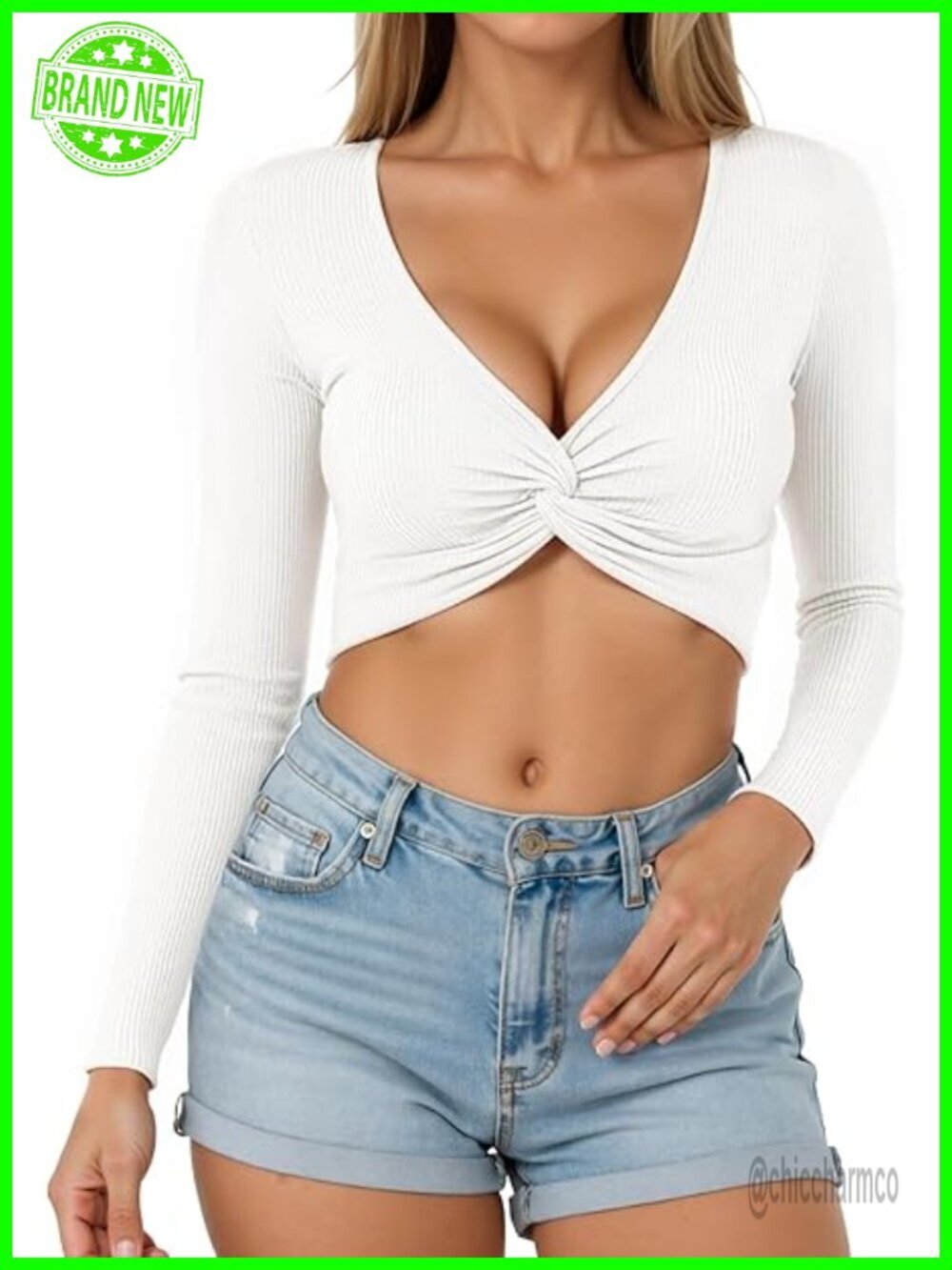 Long Sleeve Twist Front Crop Top Ribbed V Neck Going Out Shirt